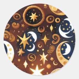 Pegatina Redonda Sticker - Golden Ochre Celestial Moon Mystic Lunar