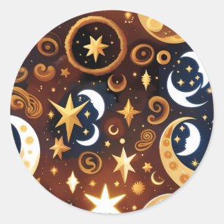 Pegatina Redonda Sticker - Golden Ochre Celestial Moon Mystic Lunar