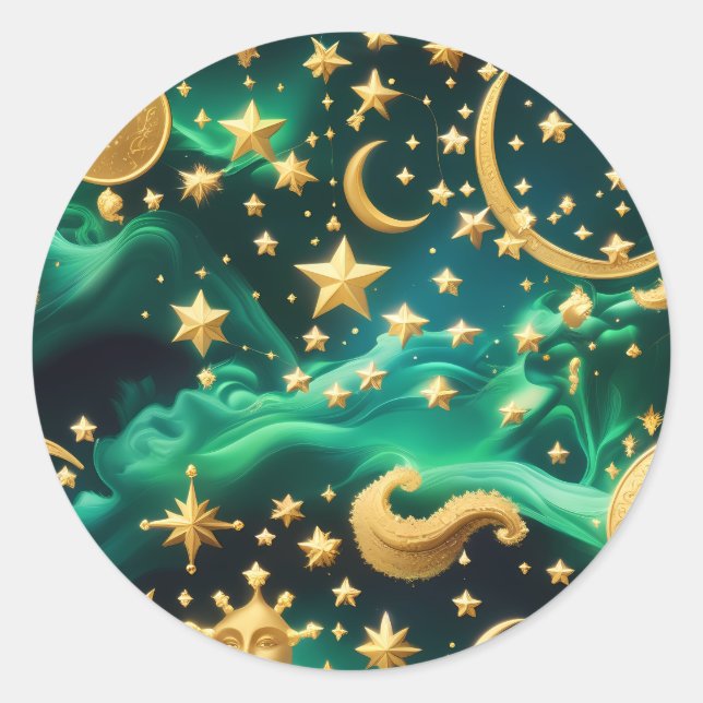 Pegatina Redonda Sticker - Luxury Emerald Celestial Moon Design (Anverso)