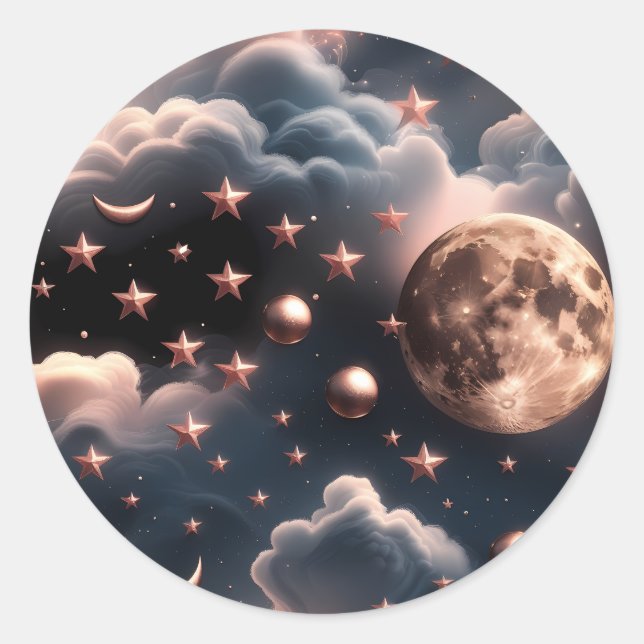 Pegatina Redonda Sticker – Luxury Rose Gold Celestial Moon (Anverso)