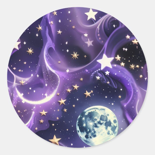 Pegatina Redonda Sticker - Purple Celestial Moon Phases Design (Anverso)