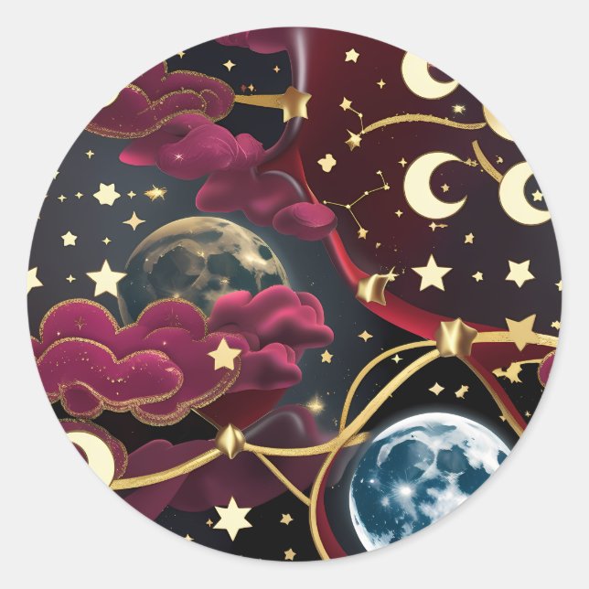 Pegatina Redonda Sticker - Red Celestial Moon Design Mystic Lunar  (Anverso)