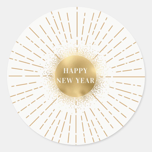 Pegatina Redonda Sticker Rond Happy New Year Moderne Solaire Or (Anverso)