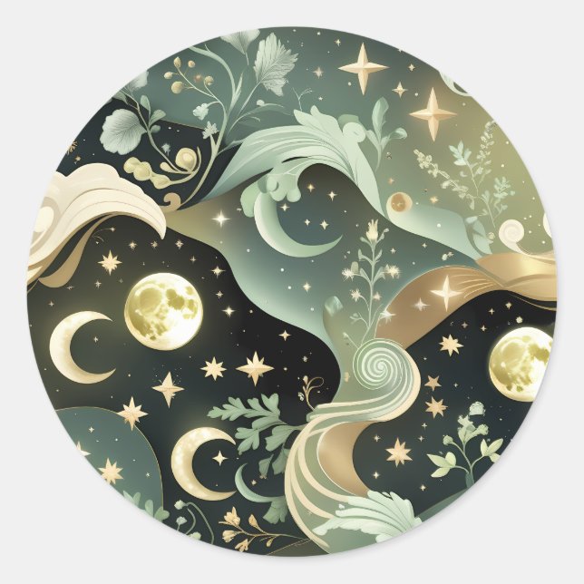 Pegatina Redonda Sticker - Sage Green Celestial Moon Lunar Design  (Anverso)