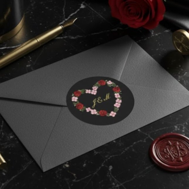 Pegatina Redonda Stickers Block Rose Heart Wedding Initial (Subido por el creador)