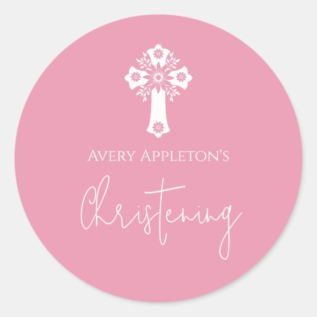 Pegatina Redonda Stickers Floral Cross Christening Rose Pink (Anverso)