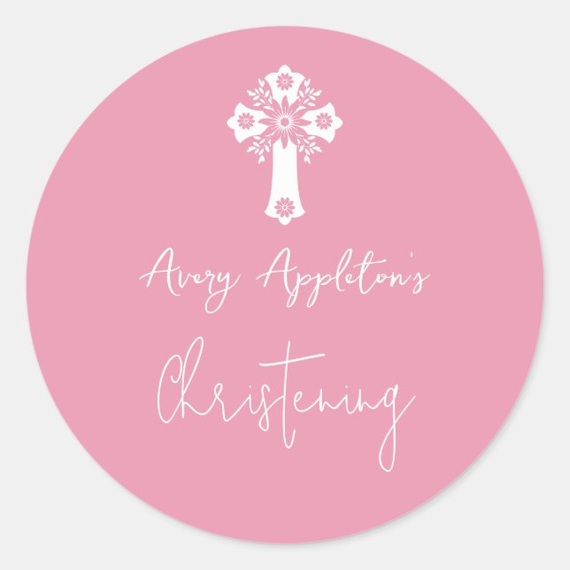 Pegatina Redonda Stickers Floral Cross Christening Rose Pink (Anverso)