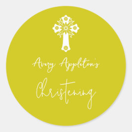 Pegatina Redonda Stickers Floral Cross Christening Yellow