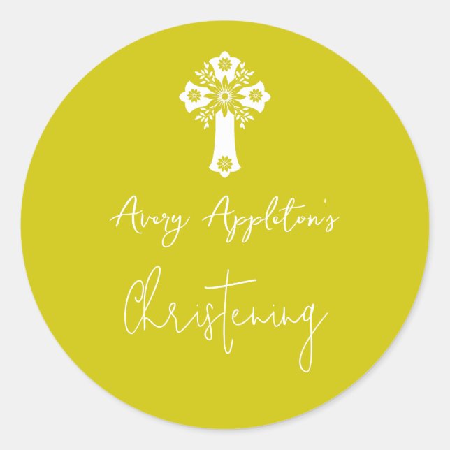 Pegatina Redonda Stickers Floral Cross Christening Yellow (Anverso)