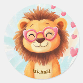 Pegatina Redonda Stickers Happy Lion Valentine's Day Kids School