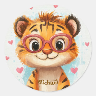 Pegatina Redonda Stickers Happy Tiger Valentine's Day Kids School