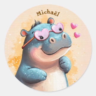 Pegatina Redonda Stickers Hippo Valentine's Day Kids School
