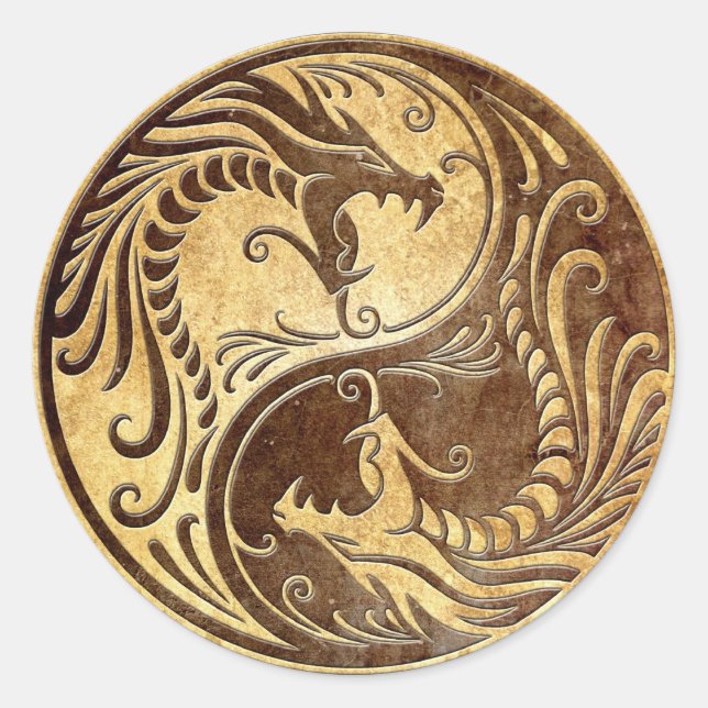 Pegatina Redonda Stone Yin Yang Dragons (Anverso)