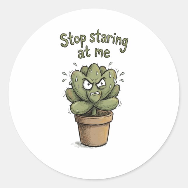 Pegatina Redonda Stop Staring at Me – Funny Succulent Sticker (Anverso)