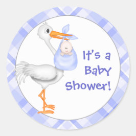 Pegatina Redonda Stork & Baby Boy Baby Shower