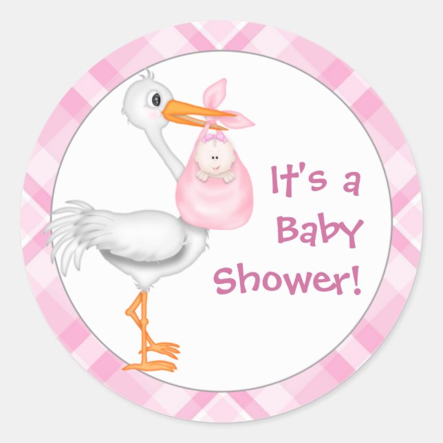 Pegatina Redonda Stork & Baby Girl Baby Shower (Anverso)