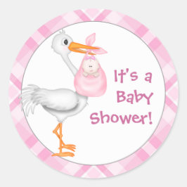 Pegatina Redonda Stork & Baby Girl Baby Shower