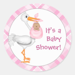 Pegatina Redonda Stork & Baby Girl (piel más oscura) Baby Shower