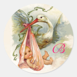 PEGATINA REDONDA STORK BABY SHOWER MONOGRAM ,