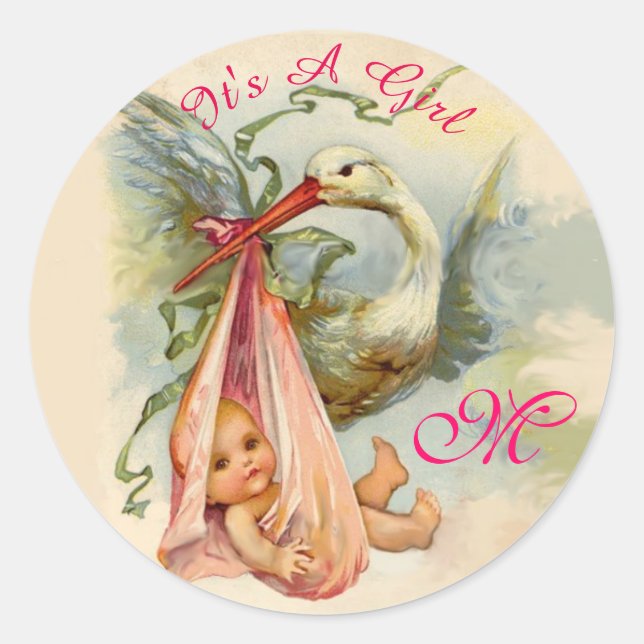 PEGATINA REDONDA STORK BABY SHOWER MONOGRAM , (Anverso)