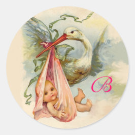 PEGATINA REDONDA STORK BABY SHOWER MONOGRAM ,