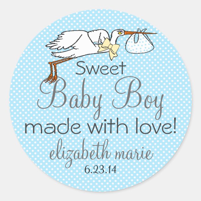 Pegatina Redonda Stork Blue Baby Shower Favor (Anverso)