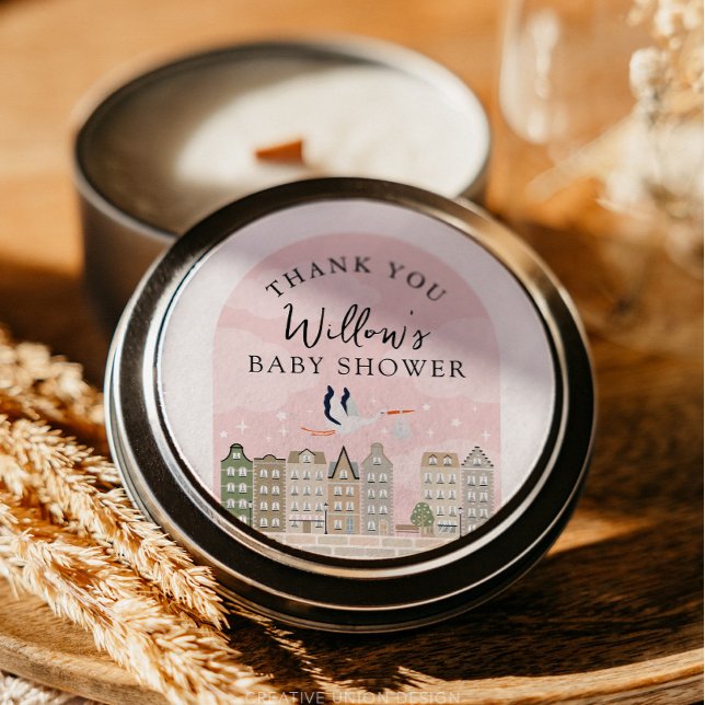 Pegatina Redonda Stork Boho Baby Shower Baby Sprinkle Gracias (Boho Baby Shower Stork)