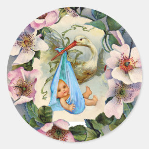 PEGATINA REDONDA STORK BOY BABY SHOWER CROWN CON ROSAS DE PINK WILD