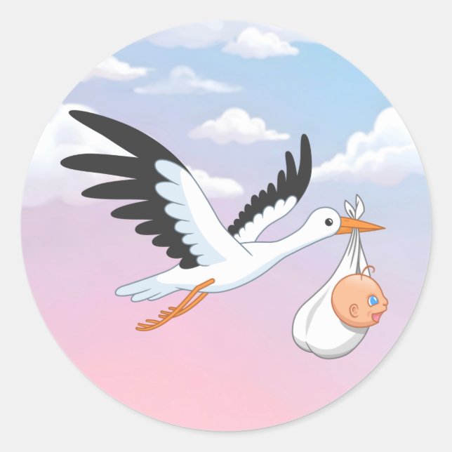 Pegatina Redonda Stork Carrying a Baby Sky Clouds (Anverso)