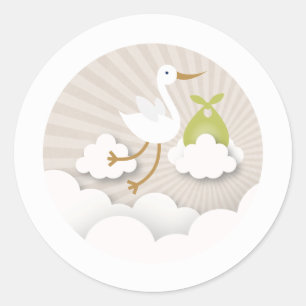 Pegatina Redonda Stork con Baby Shower neutral de Green Bundle