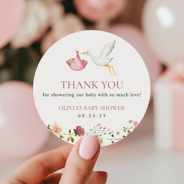 Pegatina Redonda Stork Delivery Pink Floral Girl Baby Shower Favor (Subido por el creador)