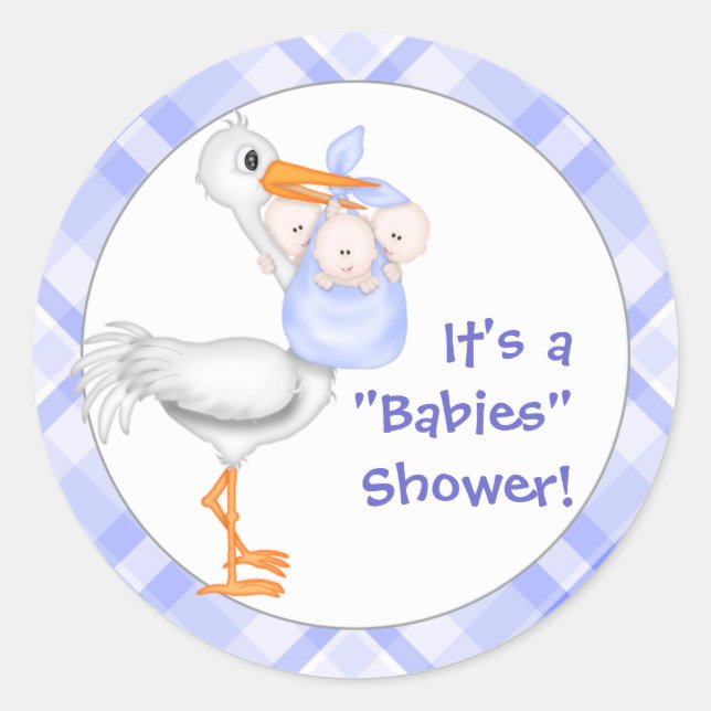 Pegatina Redonda Stork & Triplet Boys Baby Shower (Anverso)