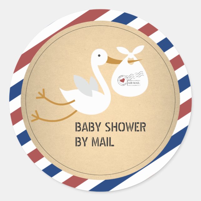 Pegatina Redonda Stork Unisex Baby Shower Por Correo (Anverso)
