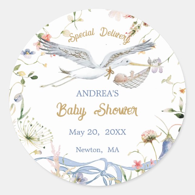 Pegatina Redonda Stork Wildflower Ribbon Baby Shower (Anverso)