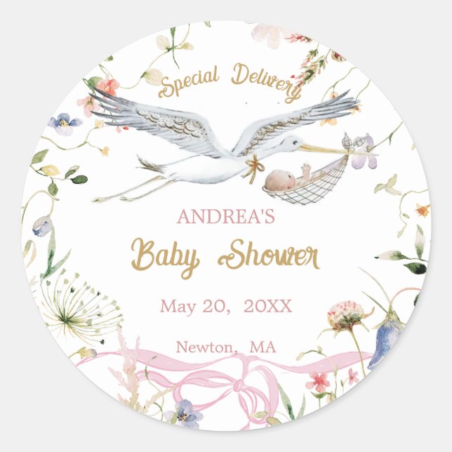 Pegatina Redonda Stork Wildflower Ribbon Baby Shower