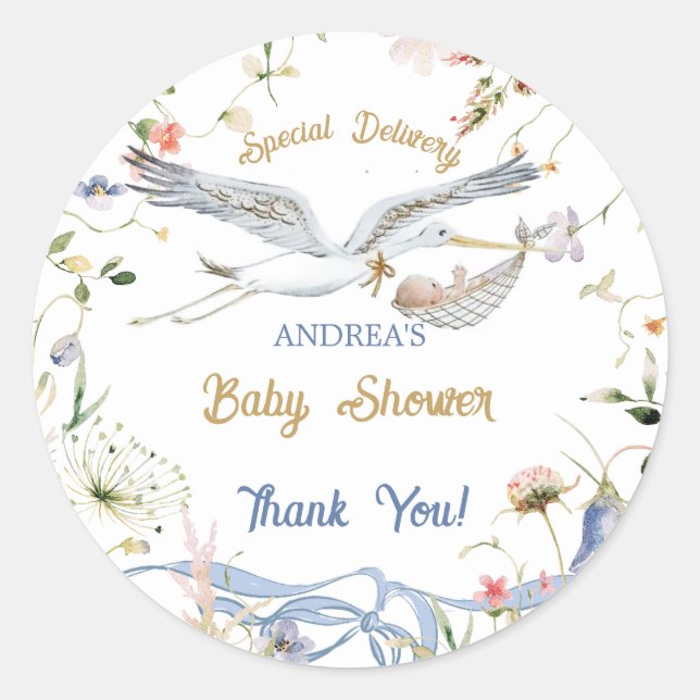Pegatina Redonda Stork Wildflower Ribbon Baby Shower (Anverso)