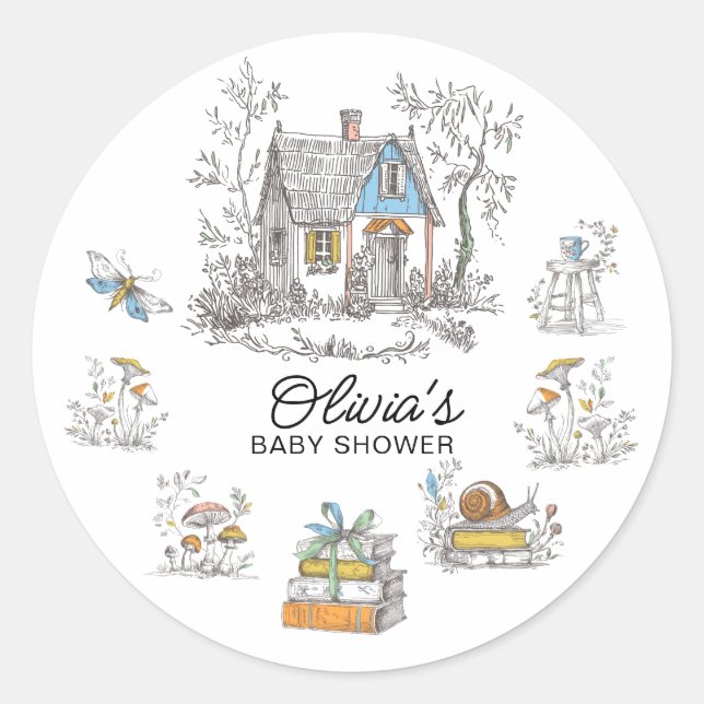 Pegatina Redonda Storybook Cottage Baby Shower Favor Sticker (Anverso)