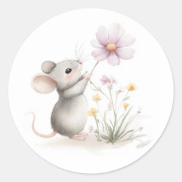 Pegatina Redonda Storybook Mouse Picking Pink Wildlfower