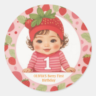 Pegatina Redonda Strawberry Berry Primer cumpleaños Classic Round S