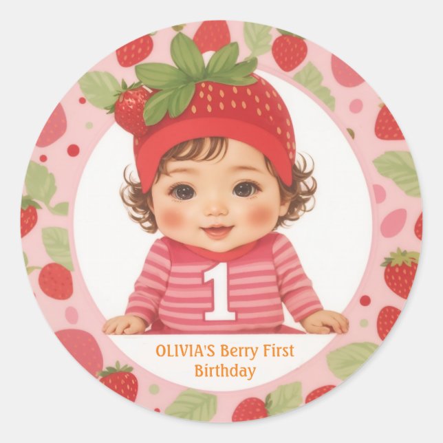 Pegatina Redonda Strawberry Berry Primer cumpleaños Classic Round S (Anverso)