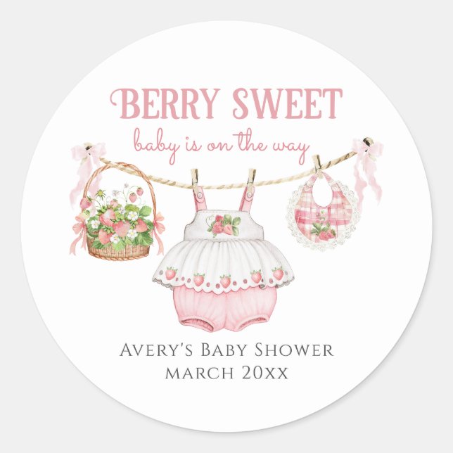 Pegatina Redonda Strawberry Berry Sweet Modern Baby Girl Shower (Anverso)