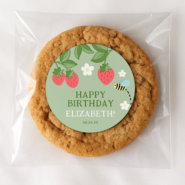 Pegatina Redonda Strawberry Birthday Party Favor Thank you (Subido por el creador)