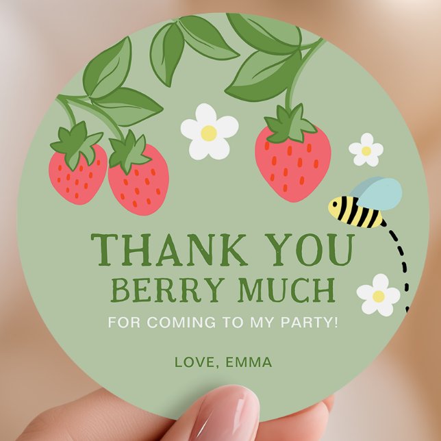 Pegatina Redonda Strawberry Birthday Party Favor Thank you (Subido por el creador)