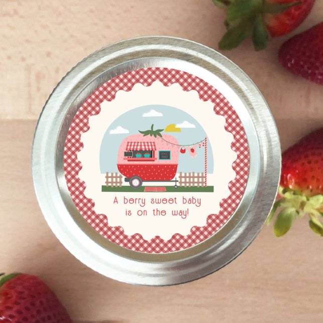 Pegatina Redonda Strawberry Camper Gingham Berry Sweet Baby Shower (Subido por el creador)