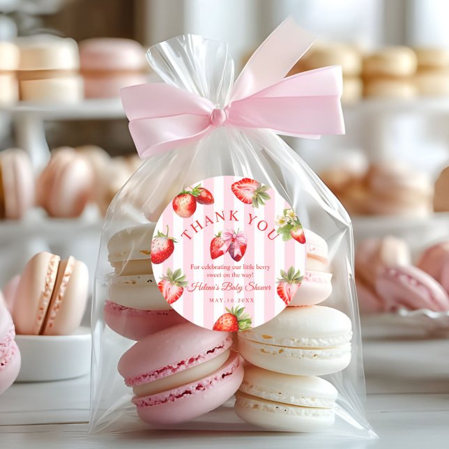 Pegatina Redonda Strawberry Coquette Bow Baby Shower Favor Gift (Cute Strawberries Baby Shower Thank you gift stickers)