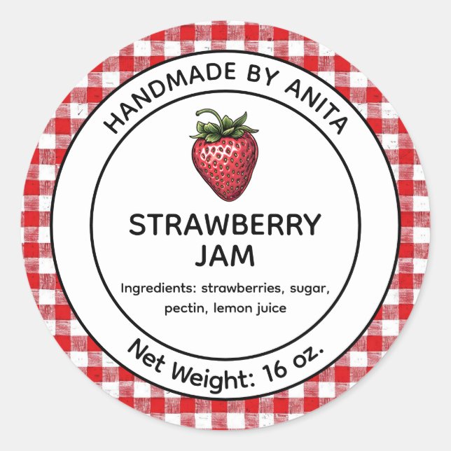 Pegatina Redonda Strawberry Jam Jelly Jar Label Plaid Gingham (Anverso)