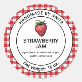 Pegatina Redonda Strawberry Jam Jelly Jar Label Plaid Gingham