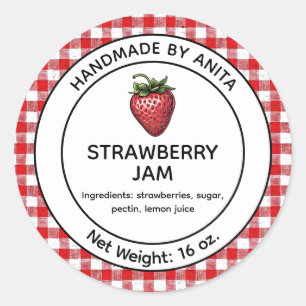 Pegatina Redonda Strawberry Jam Jelly Jar Label Plaid Gingham
