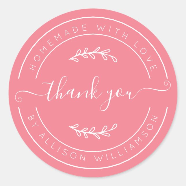 Pegatina Redonda Strawberry Pink Homemade Thank You Label (Anverso)