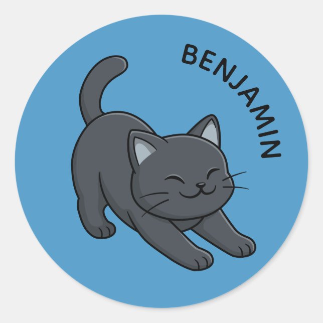 Pegatina Redonda Stretching Black Cat on Blue Custom Name (Anverso)